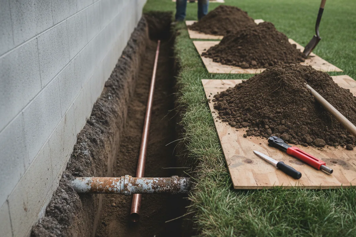 Excavated water line trench during Sewer Line Repair in Lewiston